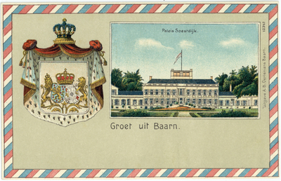 14132 Afbeelding van het alliantiewapen van het Koninklijk Huis op een veld van een koningsmantel met kroon en een ...